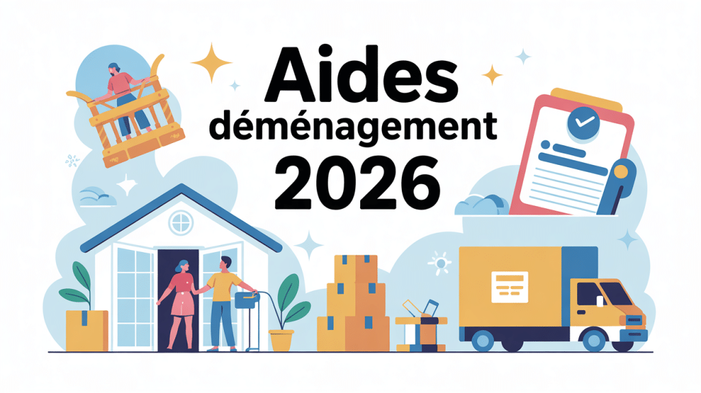 Aide financière pour un déménagement 2026, famille, cartons et icônes CAF