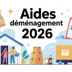 Aide financière pour un déménagement 2026, famille, cartons et icônes CAF