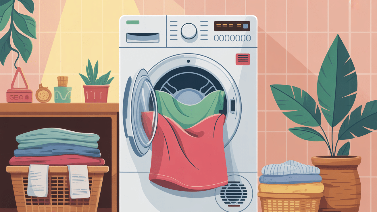 Illustration programme seche linge avec machine et linge plié