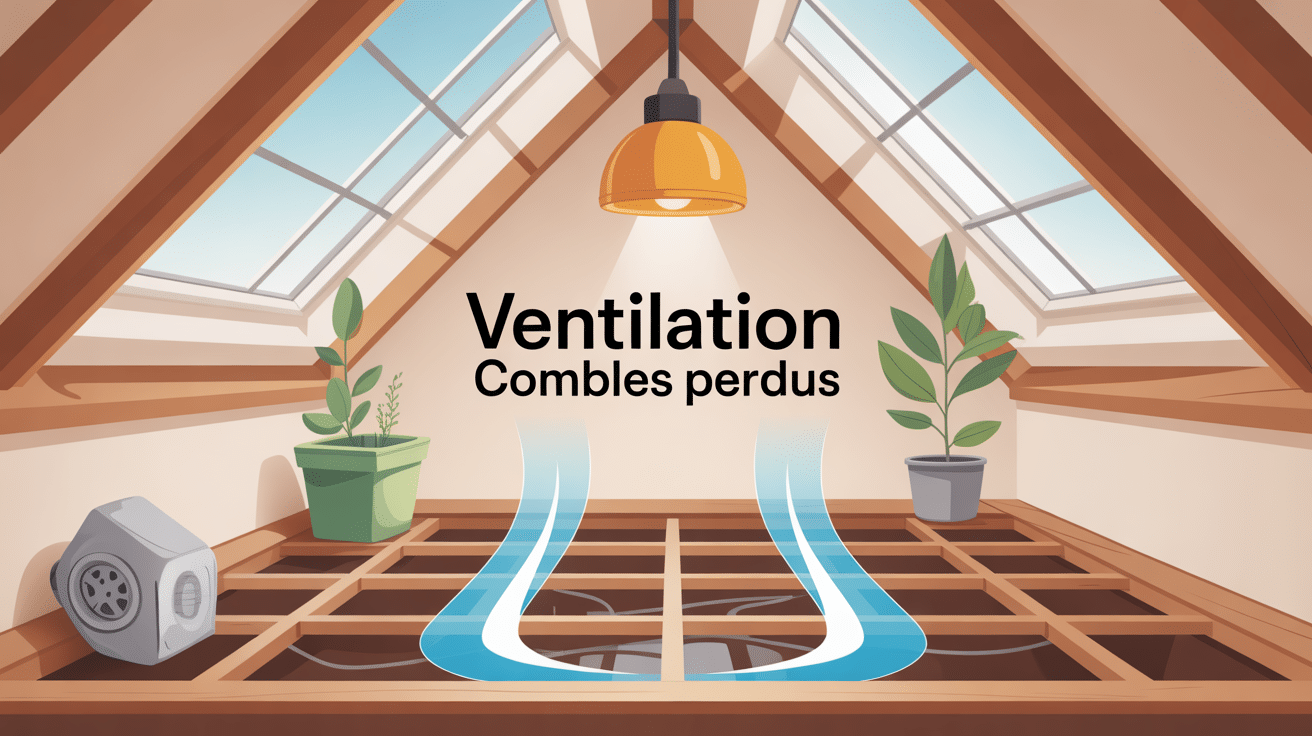 illustration de ventilation combles perdus avec flux d'air et toiture isolée