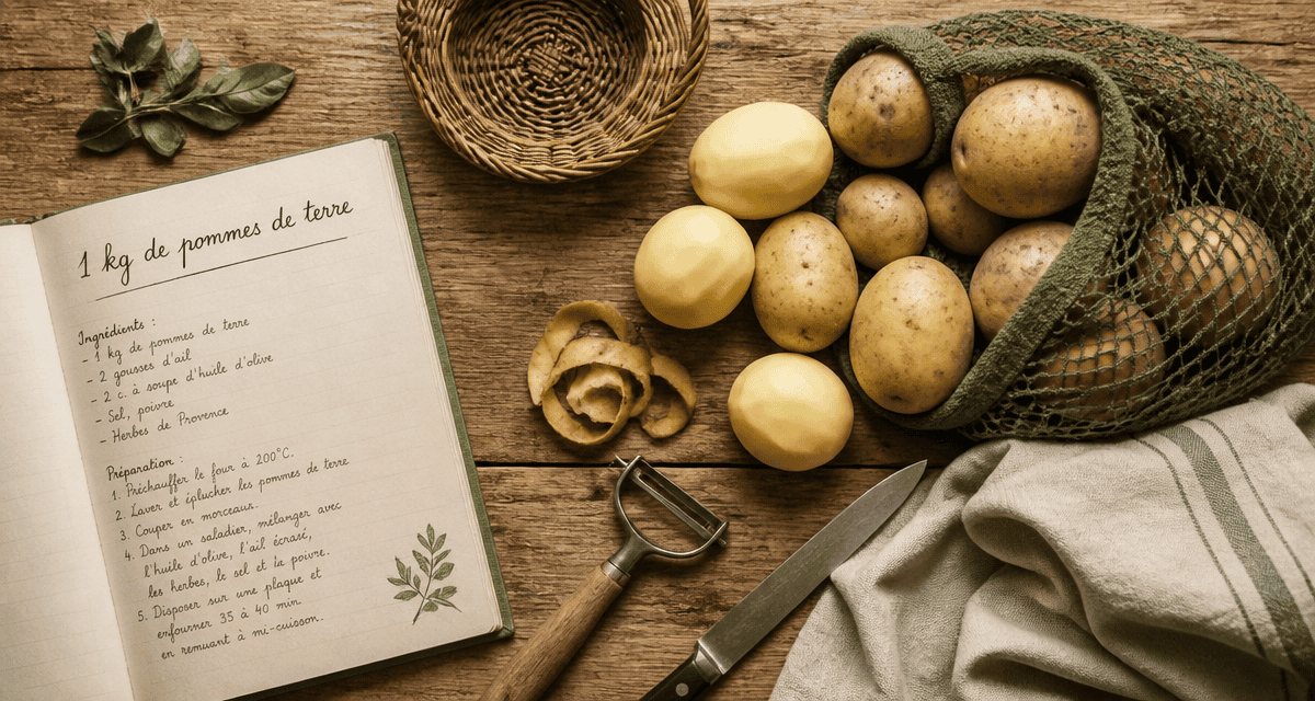 1 kg de pommes de terre épluchées et entières sur plan de travail