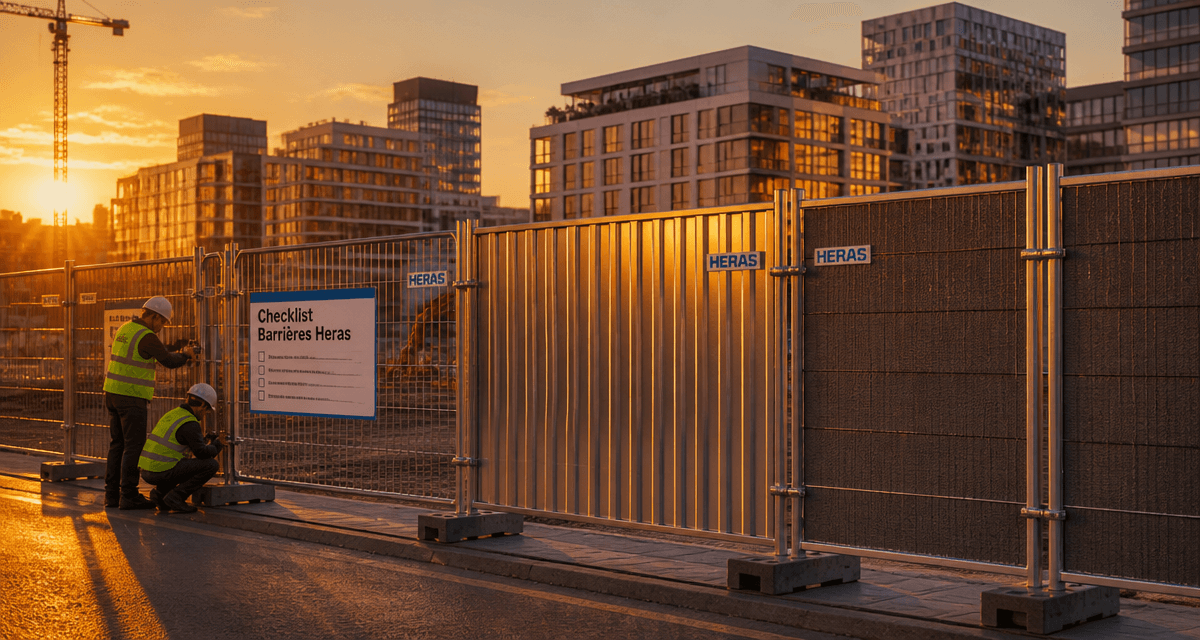 Barriere Heras chantier au coucher du soleil