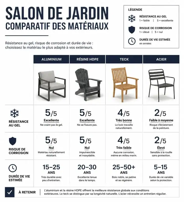 Infographie comparative des matériaux pour salon de jardin résistant à l'hiver