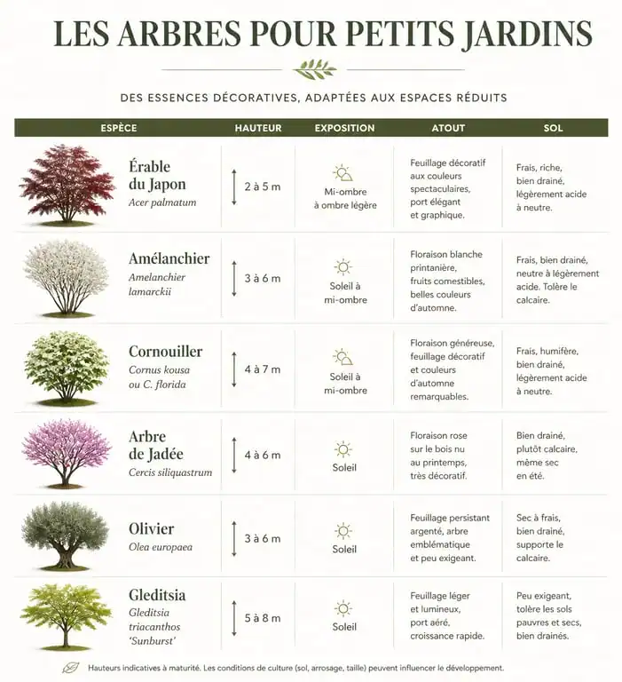 Tableau comparatif des meilleurs arbres pour petit jardin selon la hauteur et l'exposition