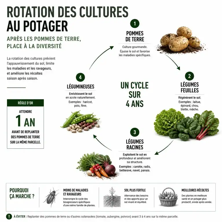 Infographie sur la rotation des cultures après les pommes de terre au potager