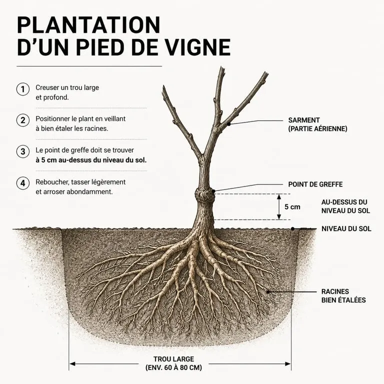 Schéma de plantation d'un pied de vigne montrant le point de greffe au-dessus du sol pour réussir la plantation de vigne