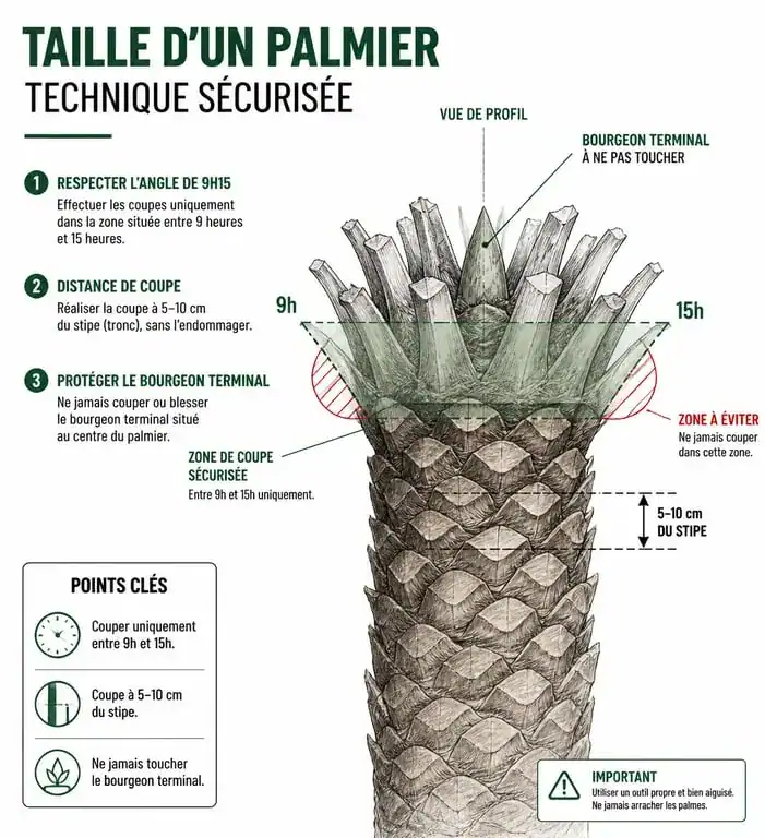 Schéma technique expliquant comment tailler un palmier sans endommager le bourgeon terminal