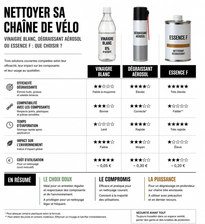 Comparatif des méthodes pour nettoyer chaîne vélo vinaigre blanc vs dégraissants