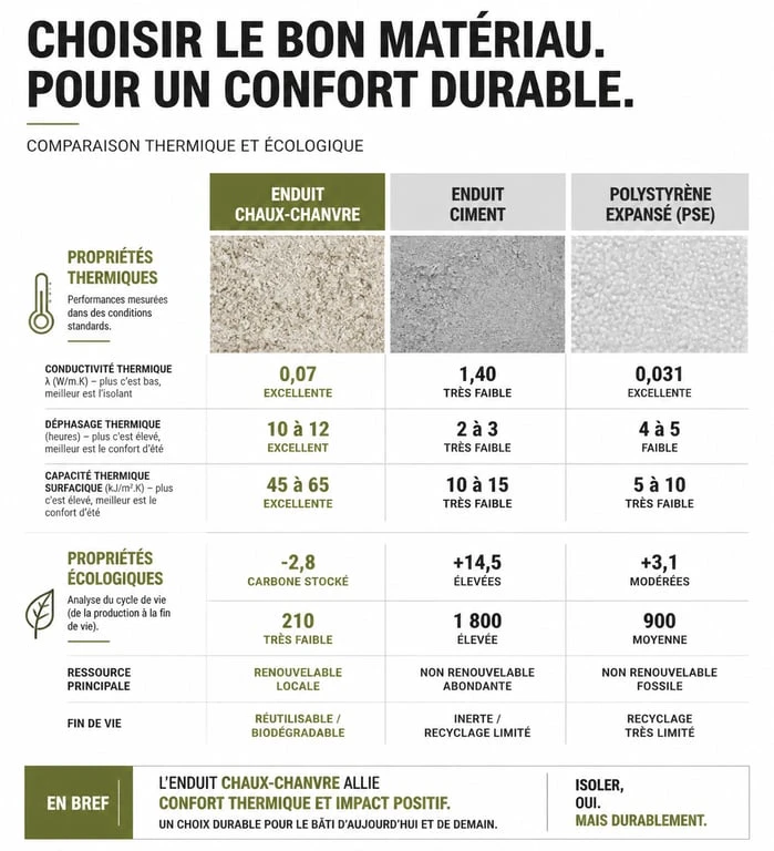 Comparatif des performances entre enduit chaux-chanvre extérieur, ciment et polystyrène pour l'isolation thermique.