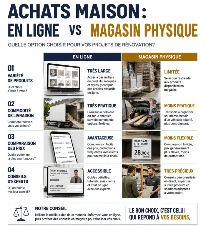 Infographie comparative : achat en ligne vs magasin physique pour mon amenagement maison