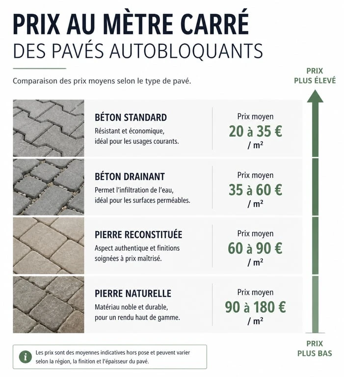 Comparatif des prix au m² des pavés autobloquants selon le matériau