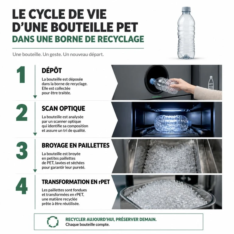 Schéma du processus de recyclage des bouteilles en plastique en borne automatique