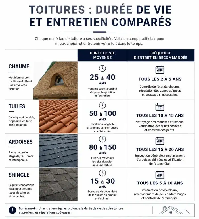 Comparatif durée de vie et entretien toiture chaume vs tuile vs ardoise