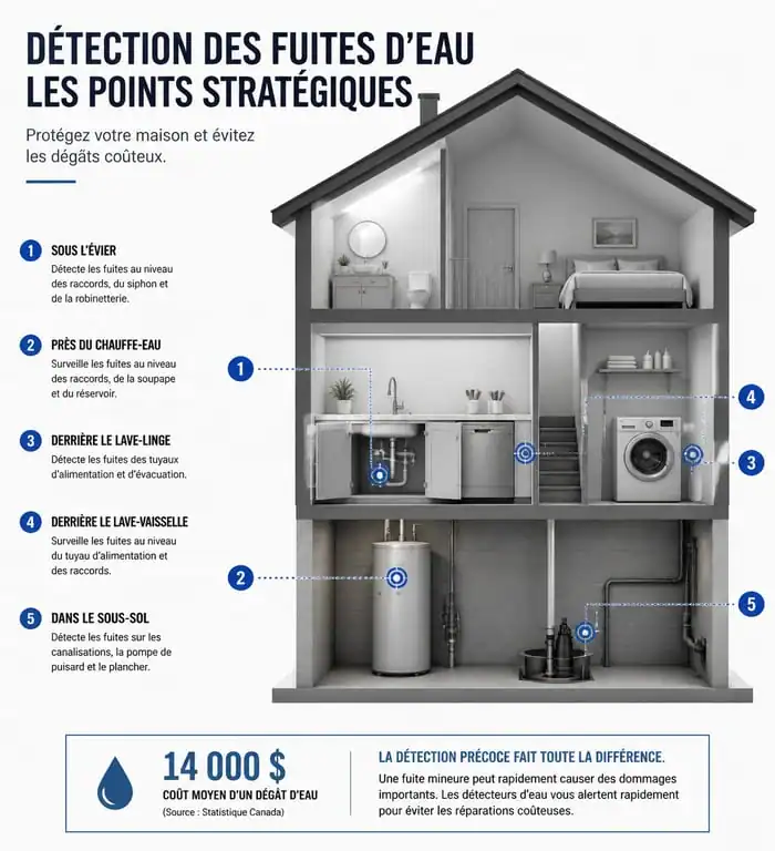 Infographie des emplacements stratégiques pour installer un détecteur de fuites d'eau dans une maison