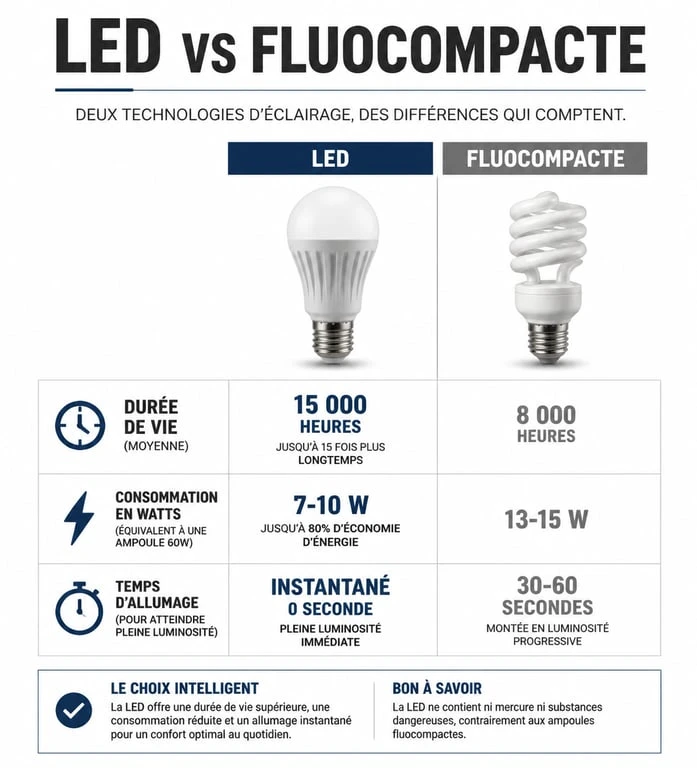 Comparatif ampoule LED vs fluocompacte pour éclairage économique