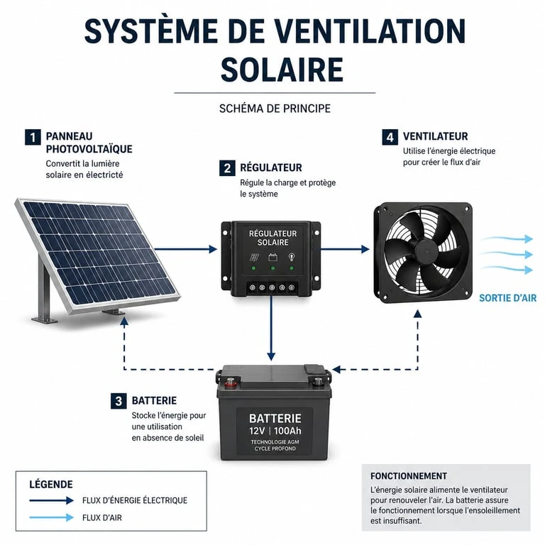 Schéma de fonctionnement d'un ventilateur à panneau solaire