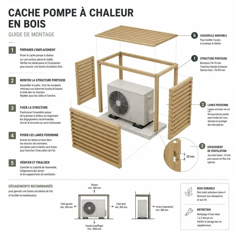 Schéma technique de montage pour fabriquer un cache pompe à chaleur en bois