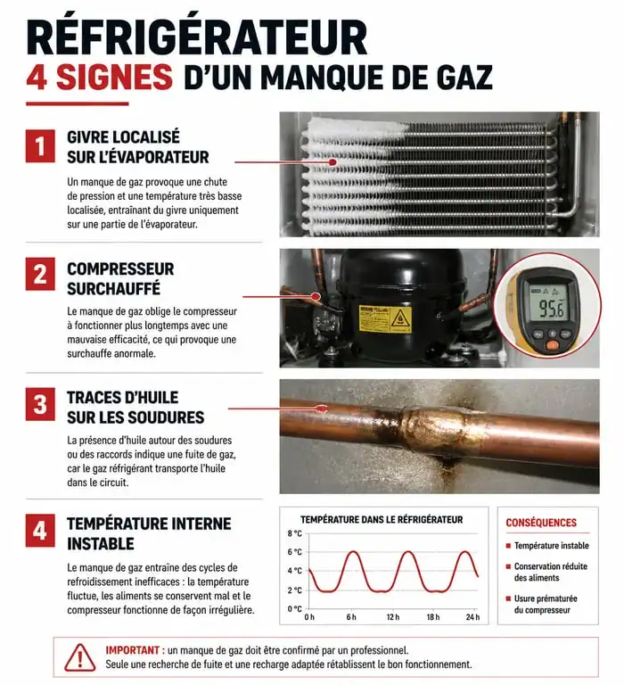 Infographie des symptômes de manque de gaz frigo