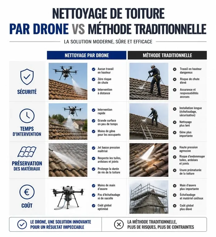 Infographie comparative nettoyage toiture par drone vs méthode traditionnelle