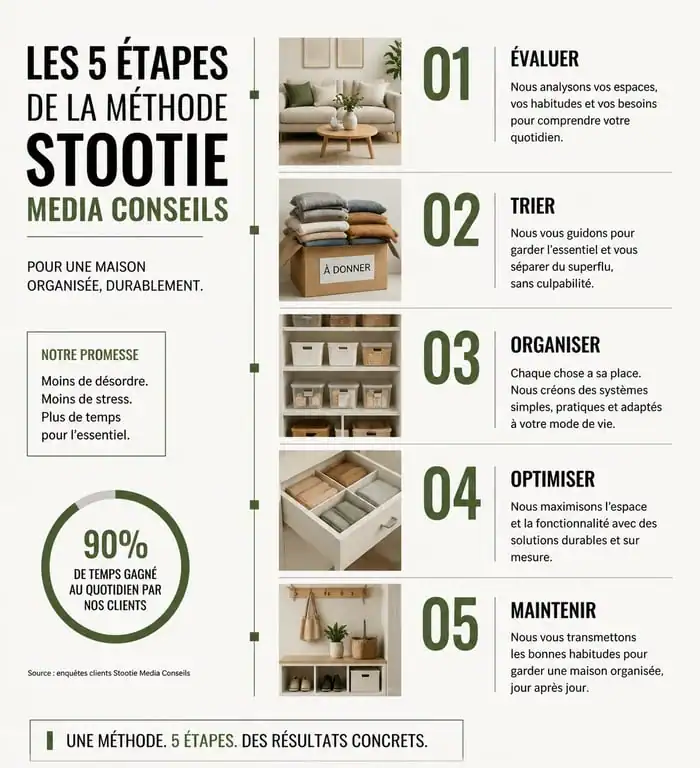 Infographie des 5 étapes de la méthode Stootie Media Conseils pour optimiser l'organisation domestique