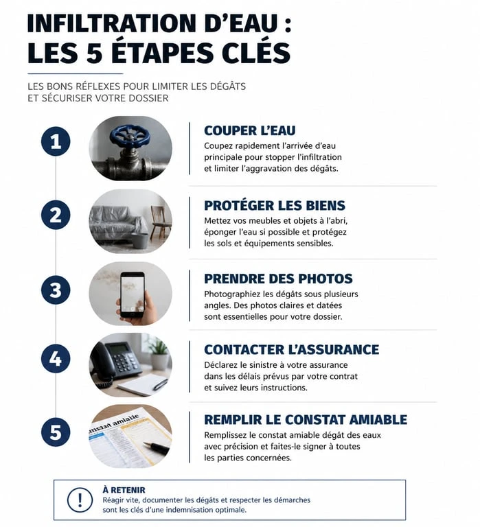 Infographie des étapes à suivre en cas d'infiltration d'eau au plafond