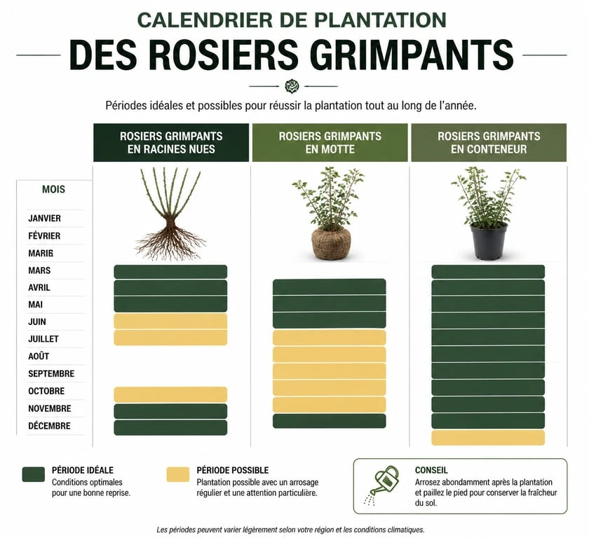 Calendrier de plantation des rosiers grimpants selon le conditionnement