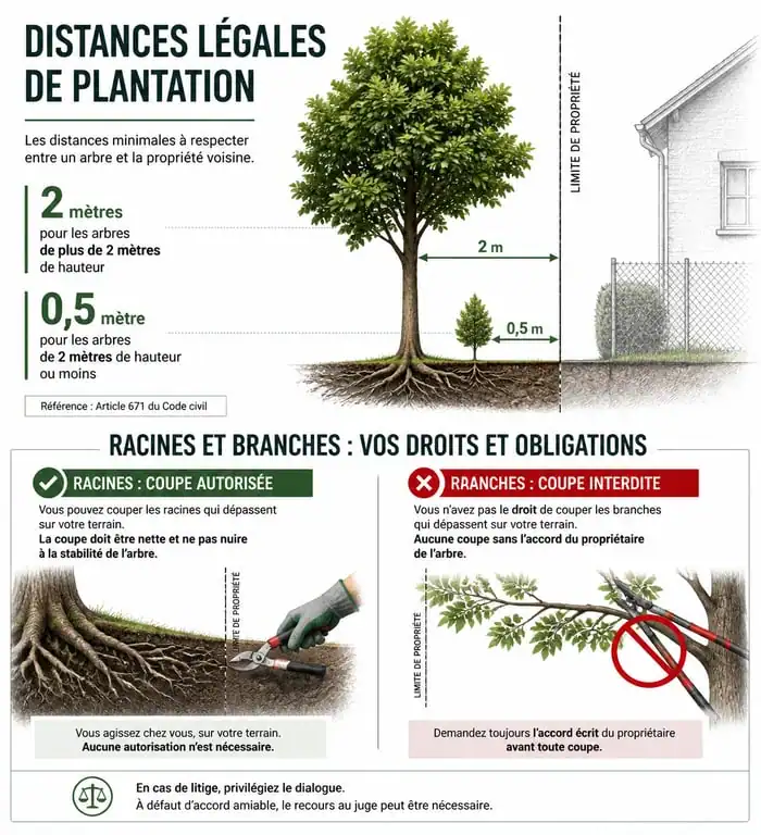Infographie sur les distances légales de plantation et le droit d'élagage des arbres du voisin