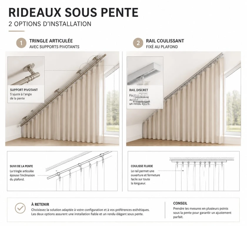 Schéma comparatif des systèmes de tringle rideau sous pente : tringle articulée et rail coulissant
