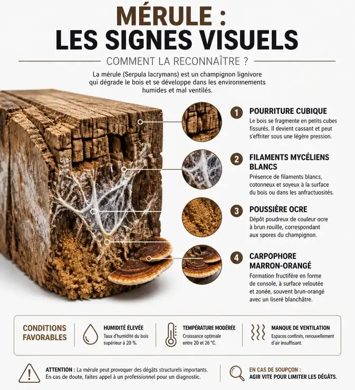 Infographie des signes visuels de la mérule pour identification rapide dans les bâtiments