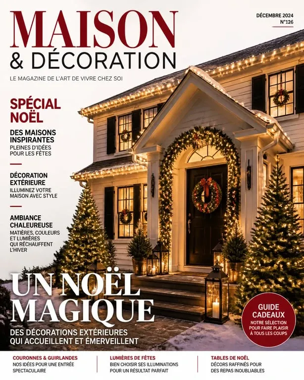 Décoration de Noël extérieure sur une façade de maison avec des guirlandes lumineuses