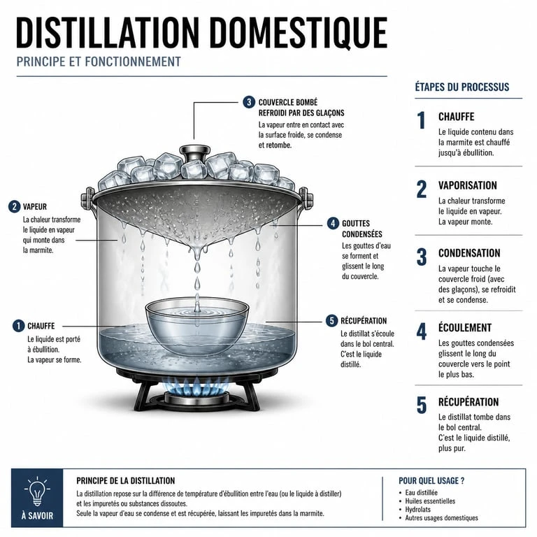 Schéma explicatif de la méthode de distillation maison pour obtenir de l'eau déminéralisée pour fer à repasser