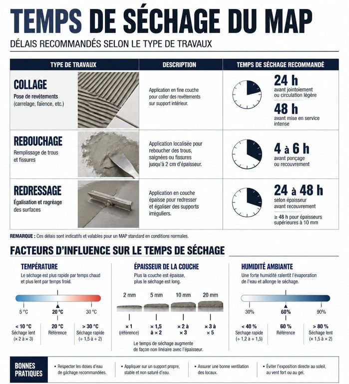 Infographie des temps de séchage du MAP pour travaux de plâtrerie
