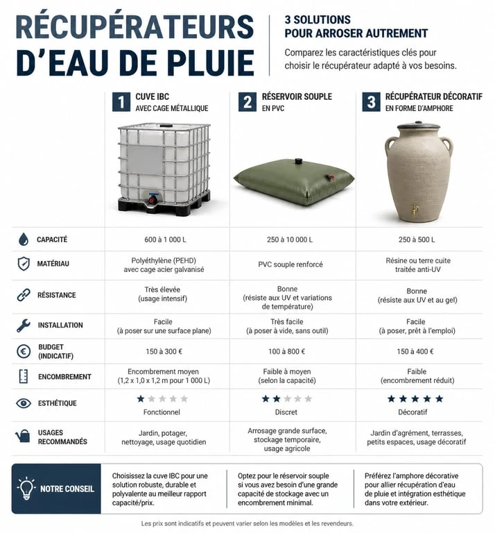 Comparatif des types de récupérateurs d'eau 1000l : cuve IBC, réservoir souple et modèle décoratif
