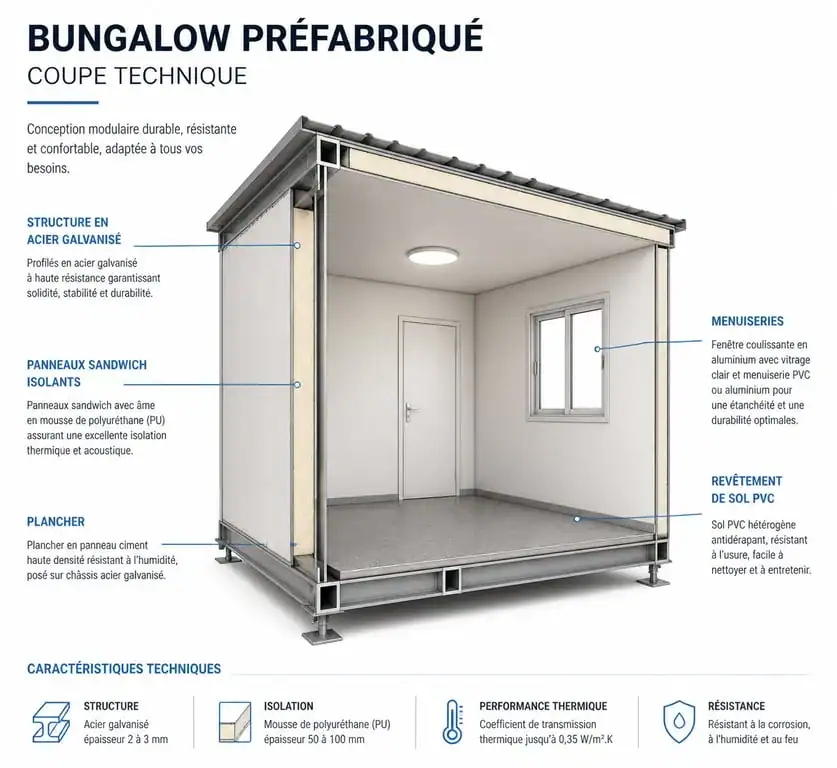 Schéma technique de la structure d'un bungalow préfabriqué