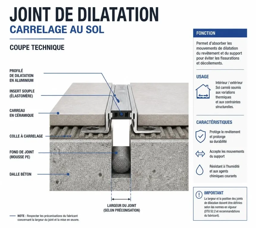 Schéma technique de pose de joint de dilatation carrelage