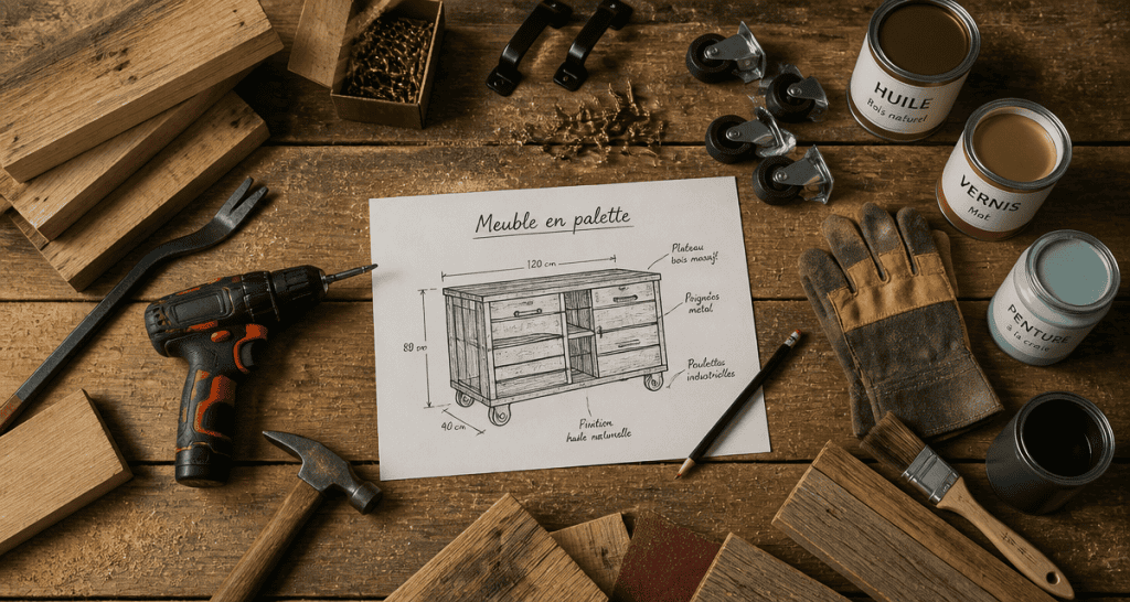 Fabriquer meuble palette, outils et croquis sur établi