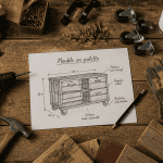 Fabriquer meuble palette, outils et croquis sur établi