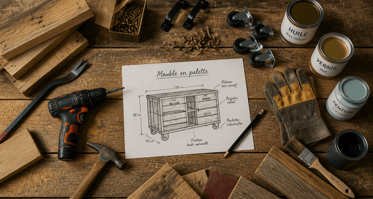 Fabriquer meuble palette, outils et croquis sur établi