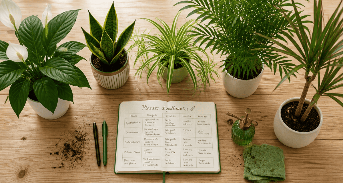 Cinq plantes d'intérieur dépolluante sur table