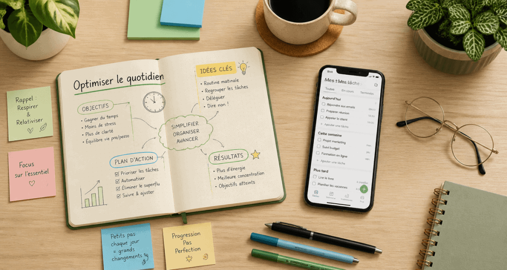 Stootie Media Conseils bureau organisé flat lay