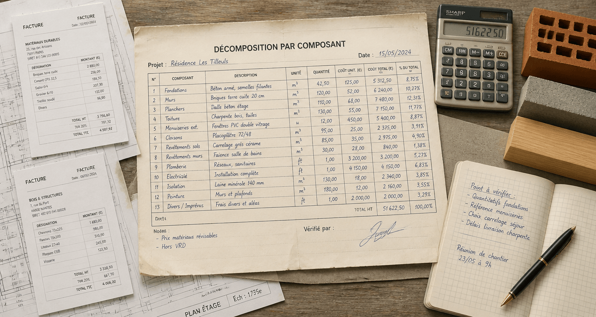 tableau décomposition immeuble par composant avec factures et échantillons