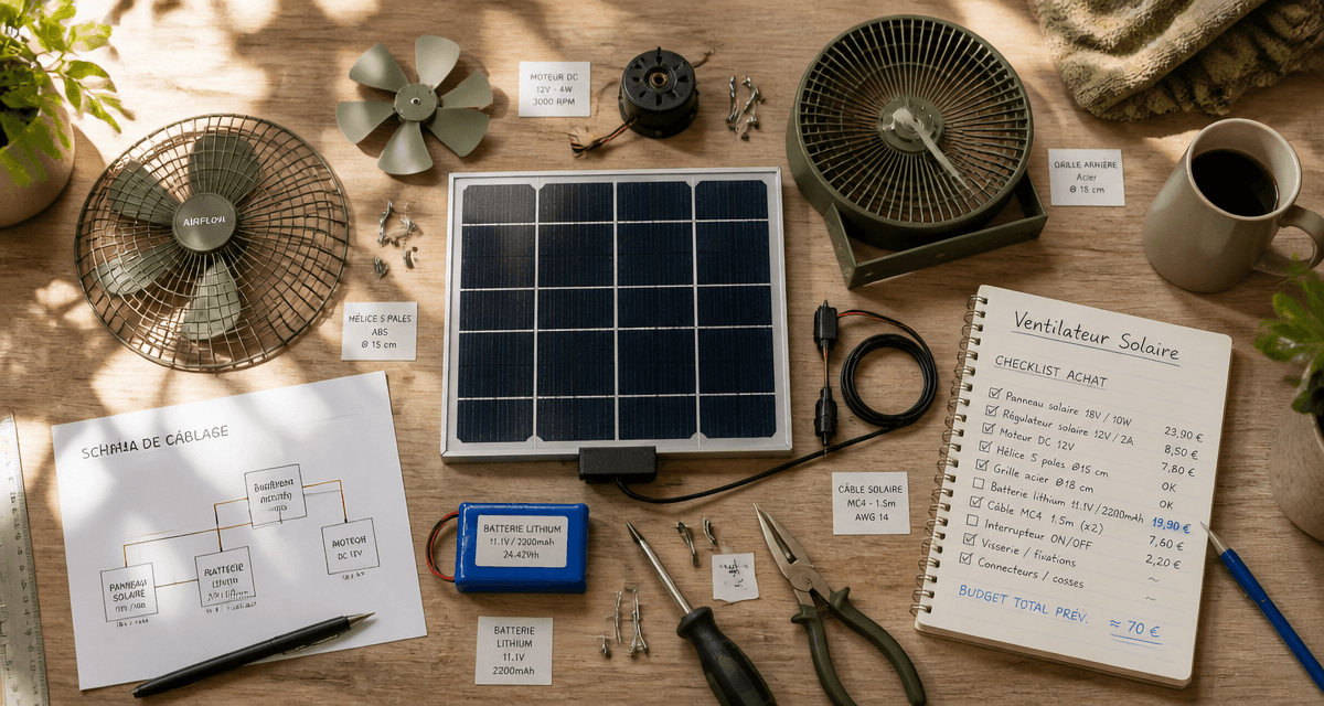ventilateur panneau solaire démonté avec outils et checklist