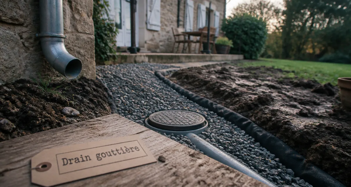 Drainage eau de pluie gouttière : tranchée avec tuyau PVC et regard enterré
