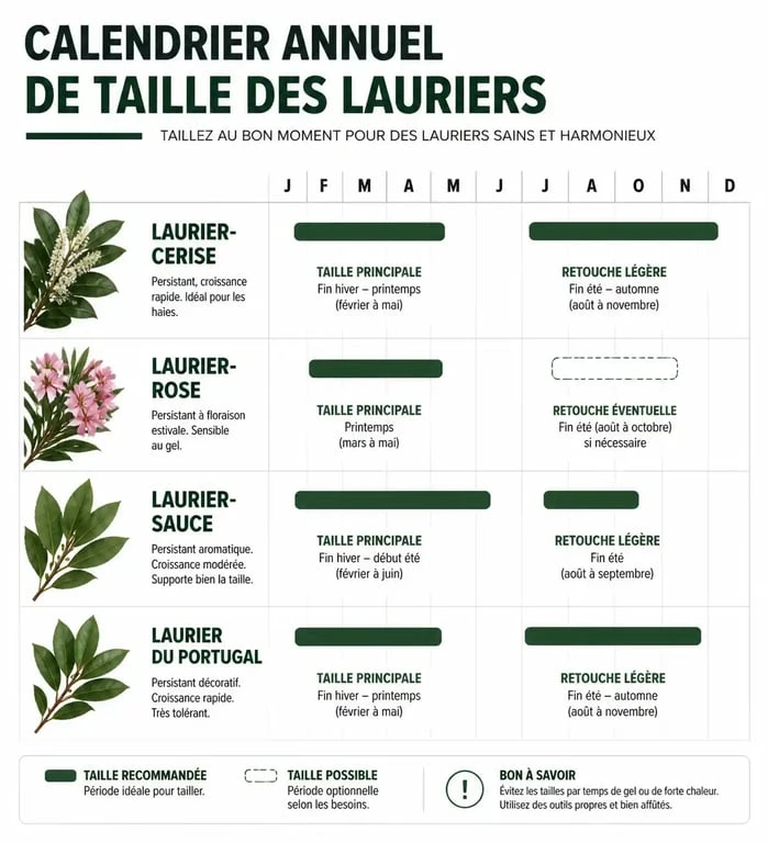 Calendrier annuel des périodes de taille pour différentes espèces de lauriers