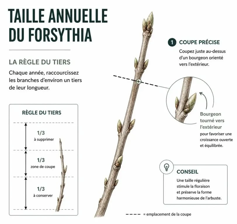 Schéma explicatif de la taille du forsythia pour une floraison optimale