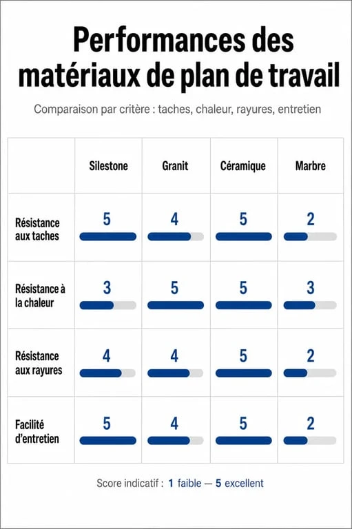 Comparatif des matériaux de plan de travail : Silestone, Granit, Céramique et Marbre pour choisir son plan de travail en cuisine