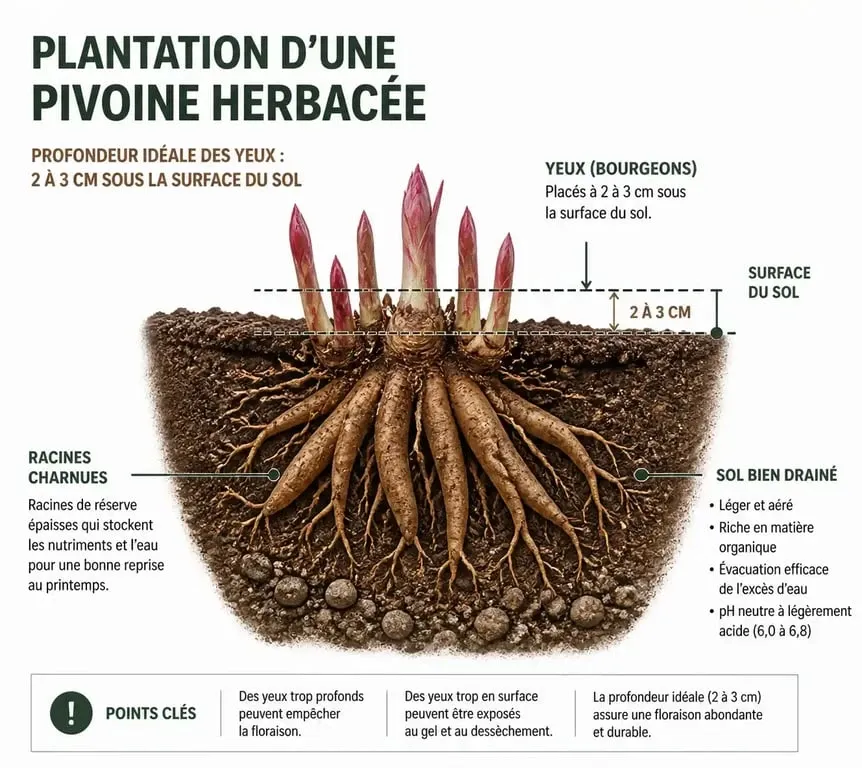 Schéma technique illustrant la profondeur de plantation idéale des yeux de pivoine pour réussir la plantation de pivoines