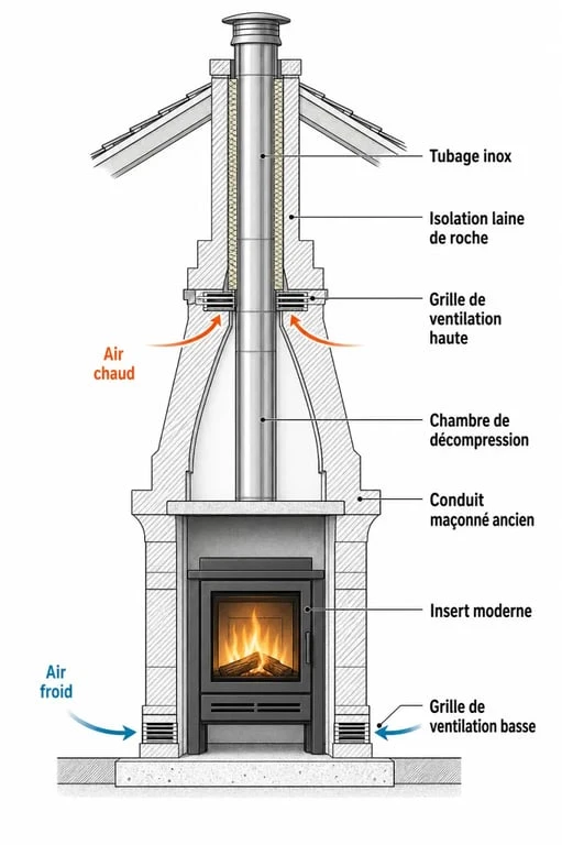 Schéma technique de l'habillage d'un insert dans une cheminée ancienne