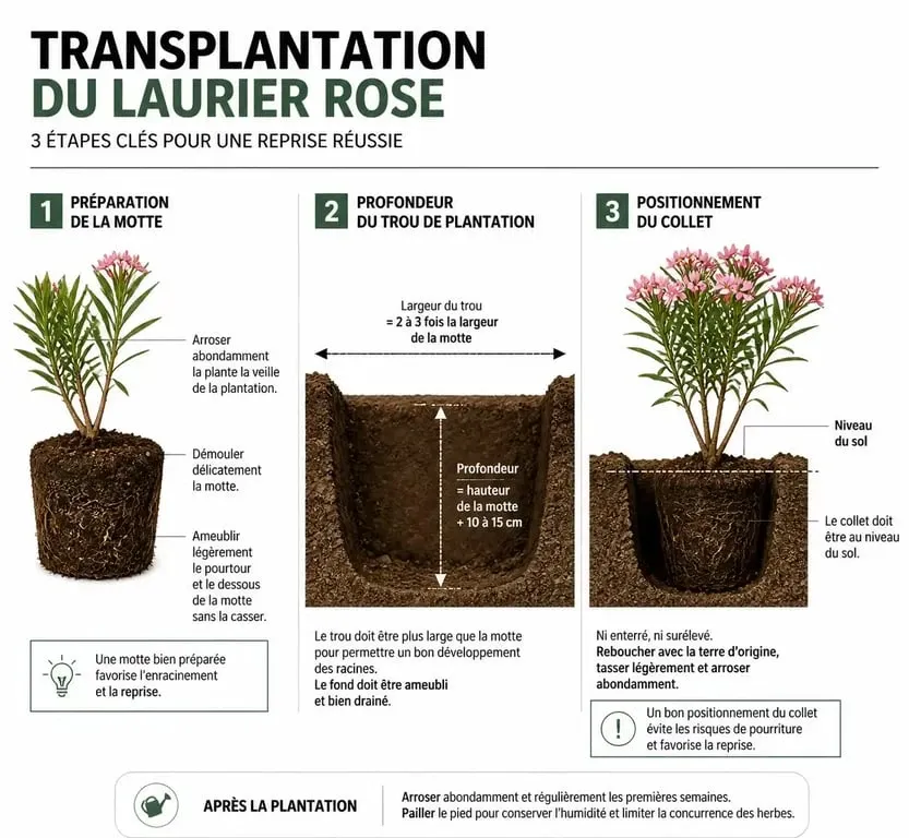 Schéma explicatif pour transplanter un laurier rose en pleine terre