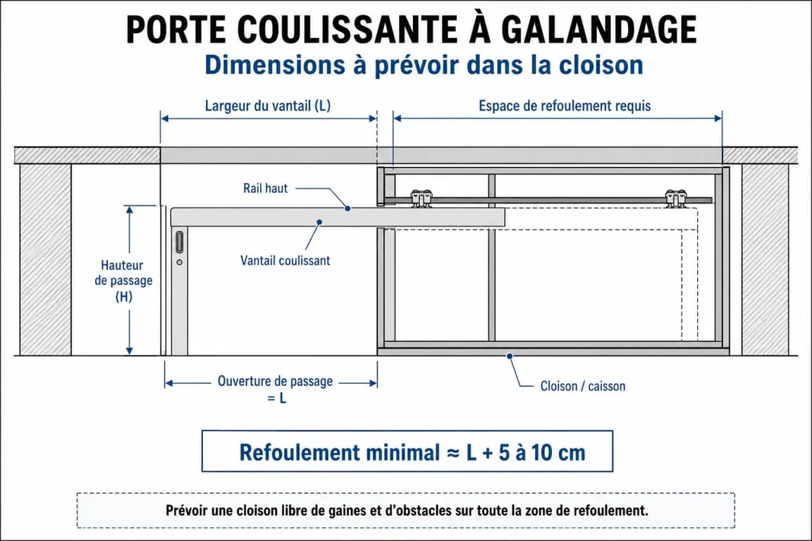 Schéma des dimensions et de l'espace de refoulement pour une porte coulissante à galandage